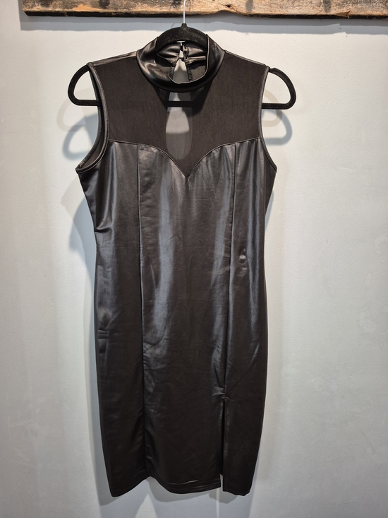 Dresses & Skirts - Sleek Black Faux-Leather Sheath Dress with Mesh Yoke Size Large